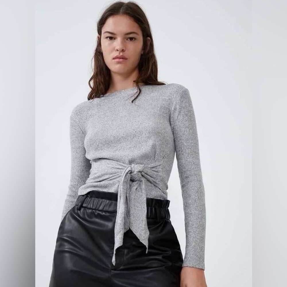 Zara Long Sleeve Heather Gray Ribbed Knit Top with Tie
